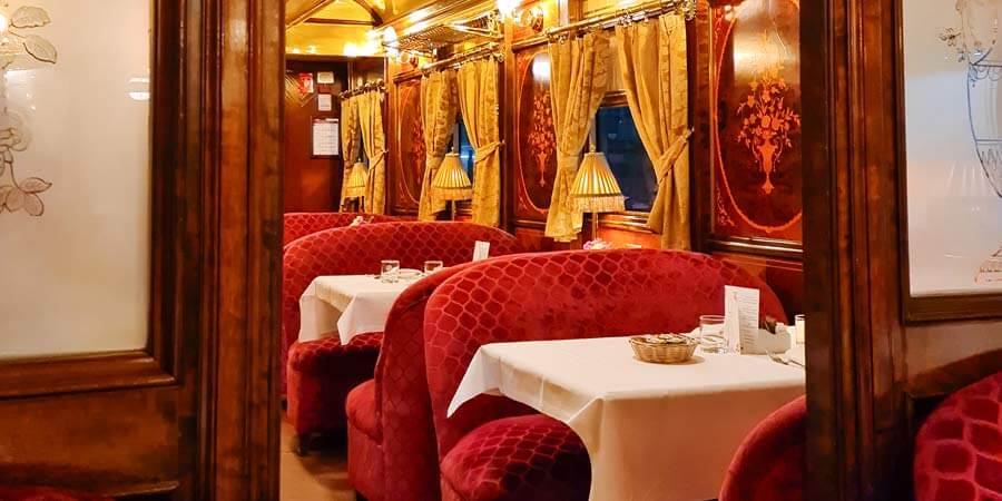 The elegant dining car of the Al Andalus is beautifully decorated. 